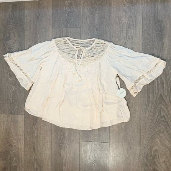 Tularosa Revolve Huxley Top Cream Tassels ties Gauze Crochet Flutter Sleeve - Picture 5 of 15